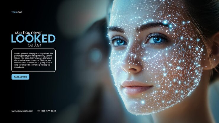 PSD plantilla de estandarte de peeling químico de consulta de piel con un rostro femenino con puntos brillantes conectados por líneas blancas que representan la tecnología de reconocimiento facial