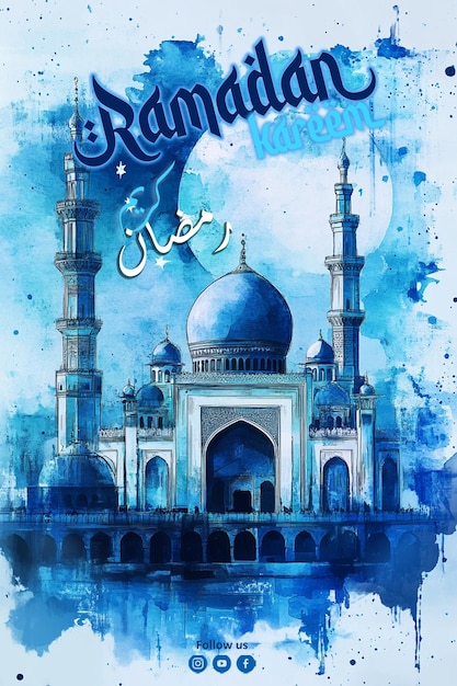 plantilla de estandarte de Ramadan kareem con una linda mezquita de podio en 3D