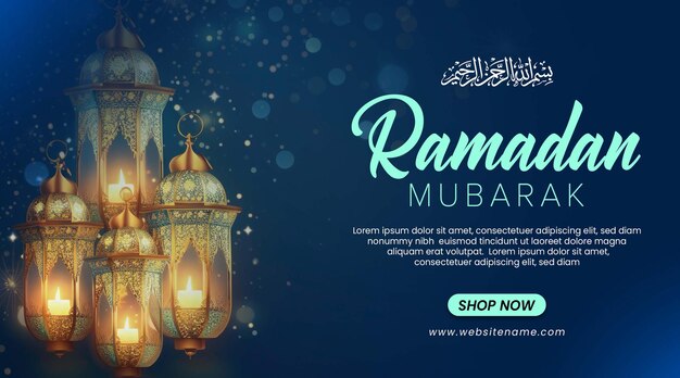 PSD plantilla de estandarte de ramadan mubarak con linterna y fondo azul oscuro bokeh