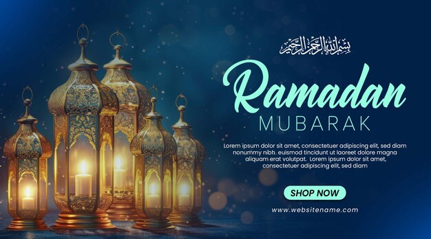 Plantilla de estandarte de ramadan mubarak con linterna y fondo azul oscuro bokeh