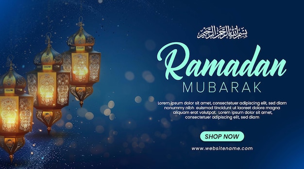 Plantilla de estandarte de ramadan mubarak con linterna y fondo azul oscuro bokeh