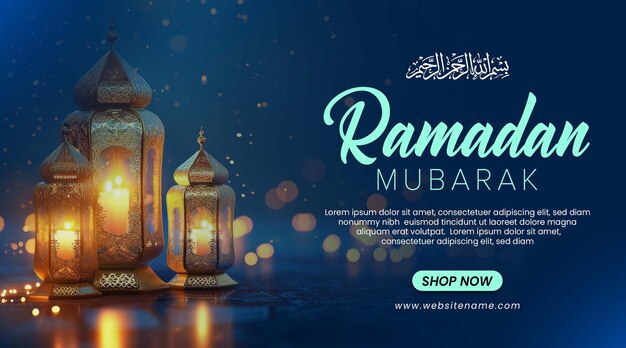 PSD plantilla de estandarte de ramadan mubarak con linterna y fondo azul oscuro bokeh