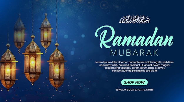 Plantilla de estandarte de ramadan mubarak con linterna y fondo azul oscuro bokeh