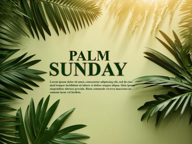 PSD plantilla de estandarte de saludo del domingo de ramos para la fiesta cristiana cruz y hojas de palma de fondo