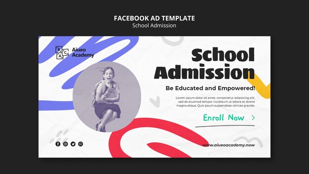 Plantilla de facebook de admisión a la escuela de diseño plano