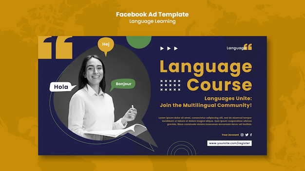 PSD plantilla de facebook de aprendizaje de idiomas de diseño plano