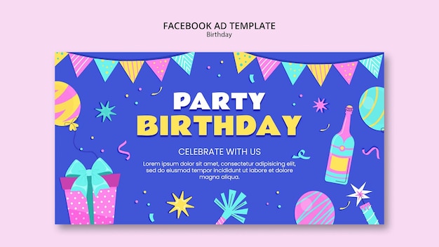 Plantilla de facebook de celebración de cumpleaños de diseño plano