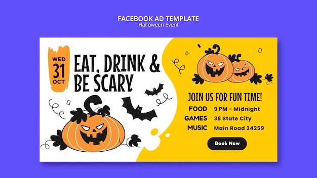 PSD plantilla de facebook de celebración de halloween de diseño plano