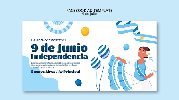 PSD plantilla de facebook del día de la independencia de argentina de diseño plano