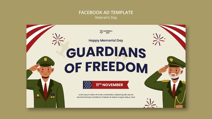 PSD plantilla de facebook del día del veterano de diseño plano