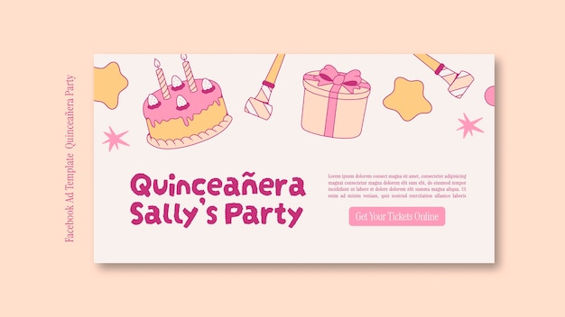 Plantilla de facebook de fiesta de quinceañera de diseño plano