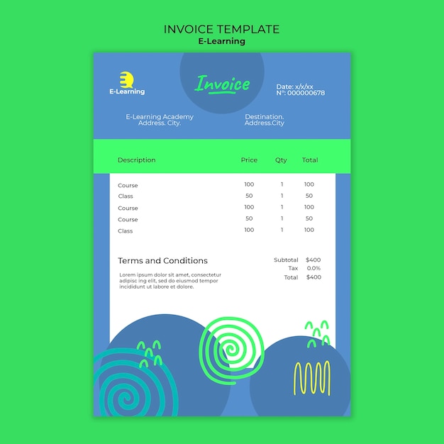 PSD plantilla de factura de aprendizaje electrónico de diseño plano