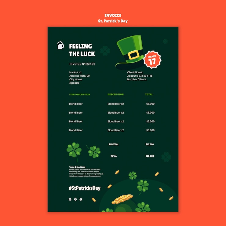 PSD plantilla de factura para la celebración del día de san patricio
