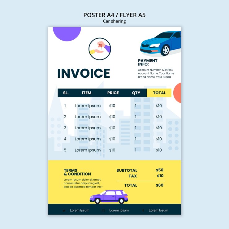PSD plantilla de factura de coche compartido de diseño plano