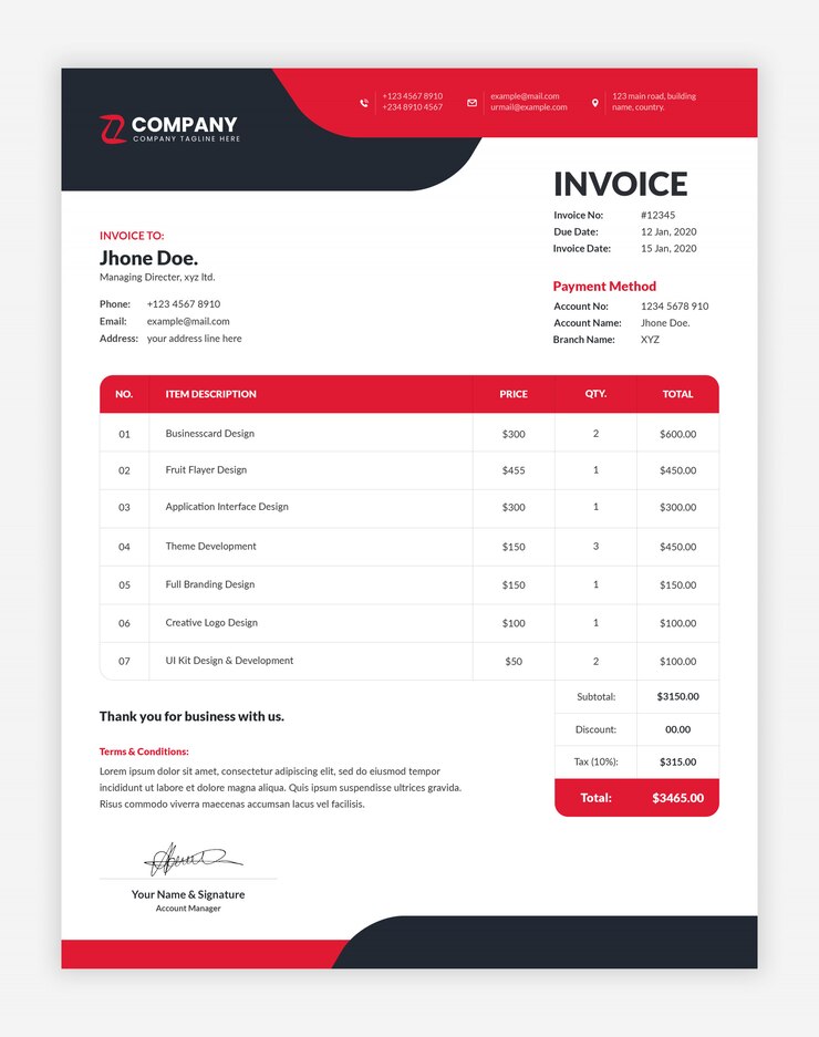 PSD plantilla de factura comercial corporativa y profesional moderna roja y negra