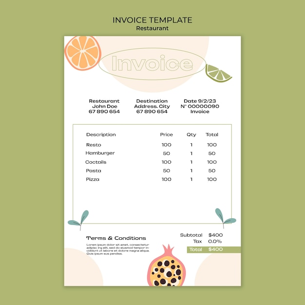 Plantilla de factura de comida deliciosa dibujada a mano