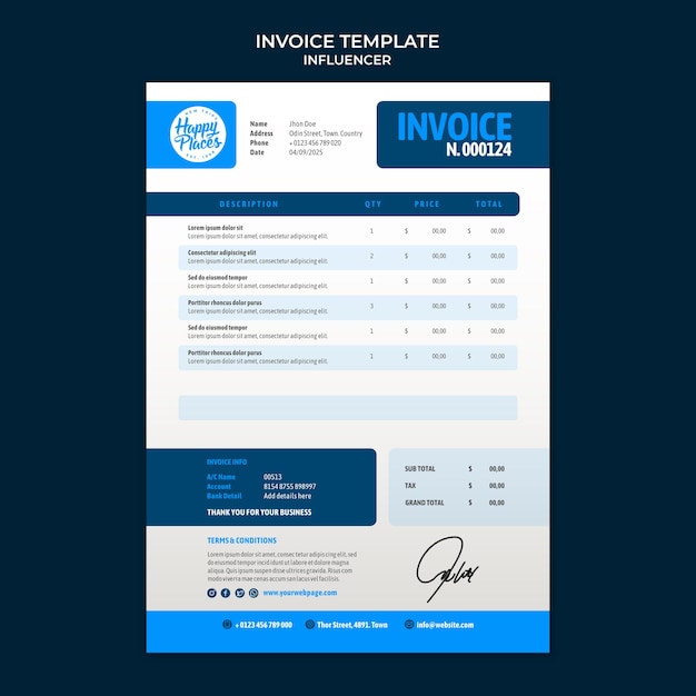 PSD plantilla de factura de concepto de influencer