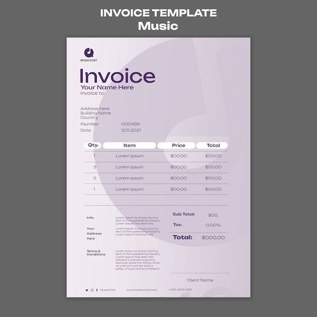 PSD plantilla de factura de concepto de música degradada