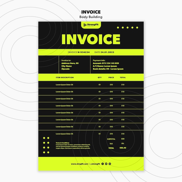PSD plantilla de factura de entrenamiento de musculación