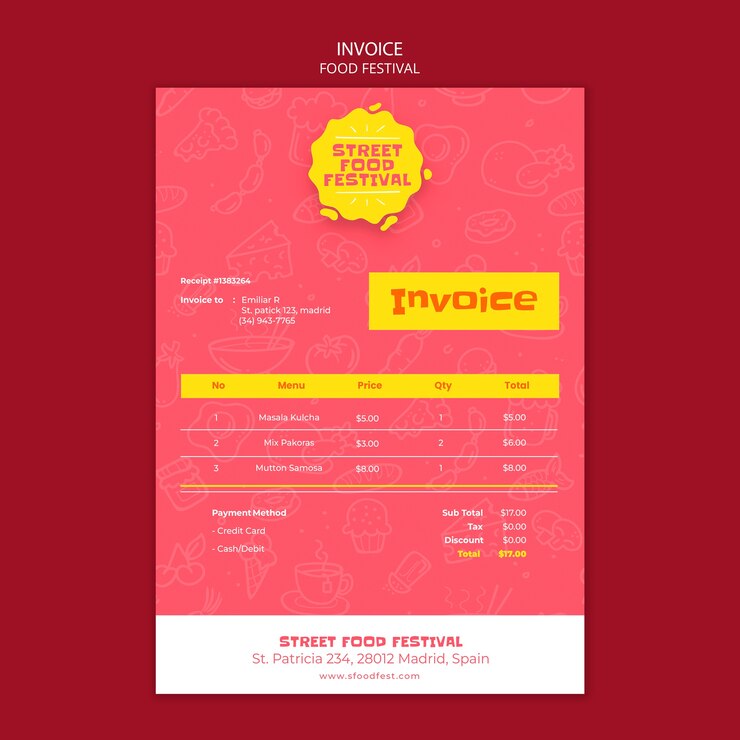 PSD plantilla de factura de festival de comida de diseño plano