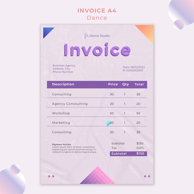 PSD plantilla de factura de lecciones de danza geométrica