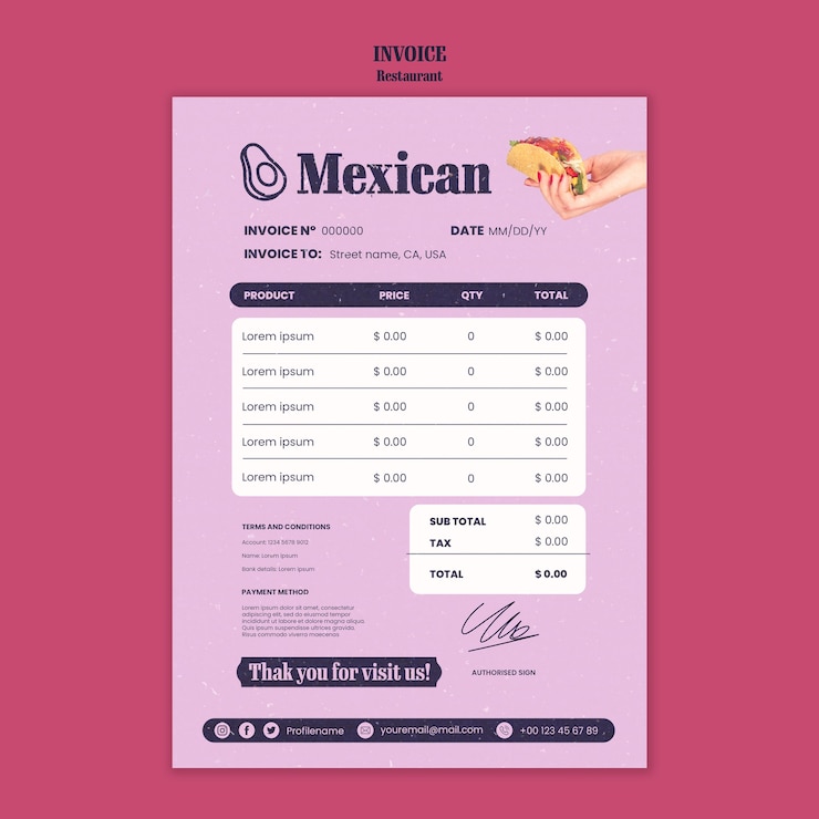 PSD plantilla de factura de restaurante de comida deliciosa