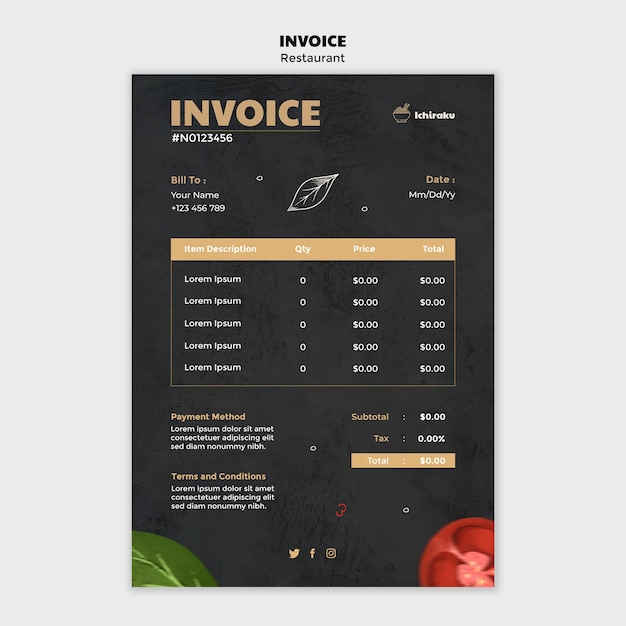 PSD plantilla de factura de restaurante de comida sabrosa dibujada a mano