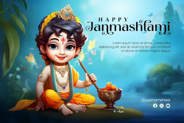 Plantilla feliz janmashtami con fondo krishna