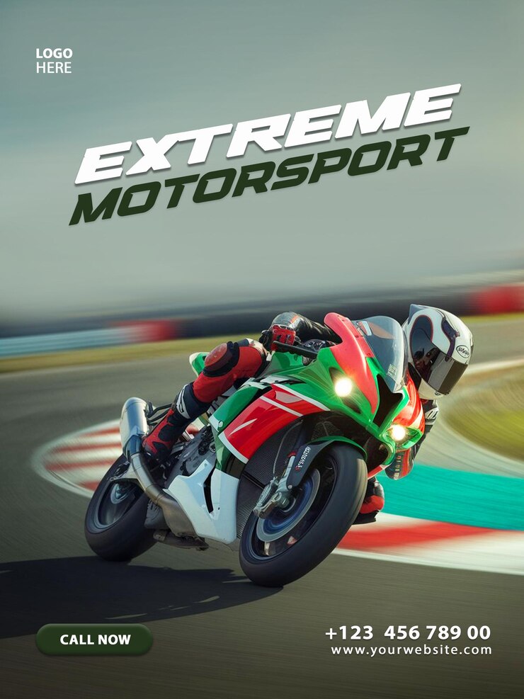 Plantilla de flyer de negocios para portada de carreras de motos deportivas, torneo de deportes de motor extremo y acción en motocicleta