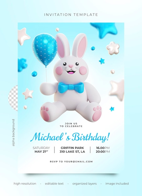 plantilla de folleto de fiesta de cumpleaños PSD 3D con un lindo conejo azul y globo