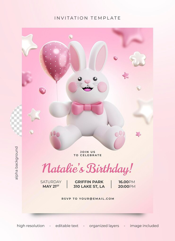 PSD plantilla de folleto de fiesta de cumpleaños psd 3d con un lindo conejo rosado y globo