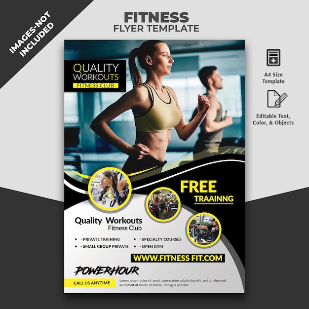 Plantilla de folleto de fitness para entrenamientos y entrenamiento de calidad