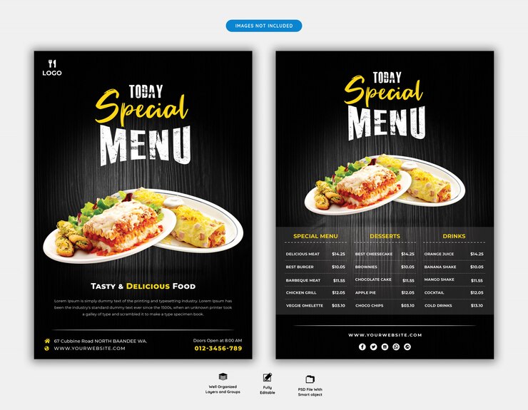 PSD plantilla de folleto de menú de alimentos y restaurantes