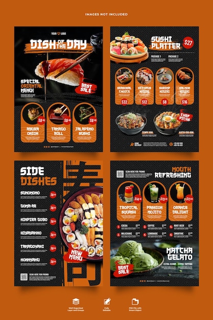 plantilla de folleto plegable del menú de comida de un restaurante japonés PSD