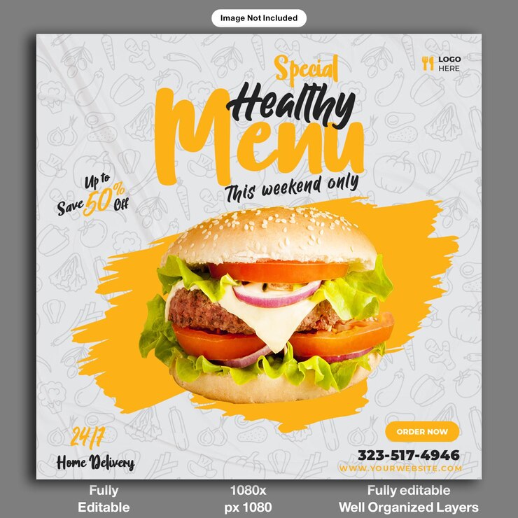 PSD plantilla de folleto de promoción de un menú saludable para hamburguesas