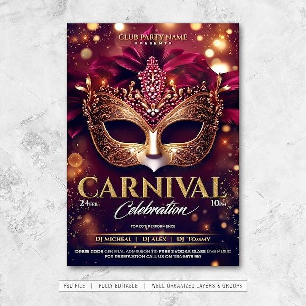 Plantilla de folleto psd para la fiesta del carnaval