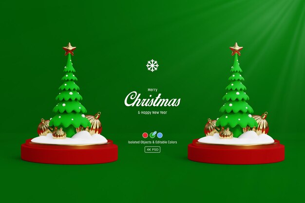Plantilla de fondo 3d de feliz navidad y año nuevo con lindos pinos y bolas de adorno aisladas