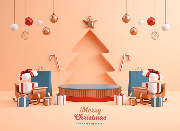 PSD plantilla de fondo de banner navideño con un podio y una escena de adornos festivos para stand de producto