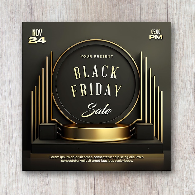 PSD plantilla de fondo de paisaje 3d del folleto del viernes negro con un podio de color negro y dorado