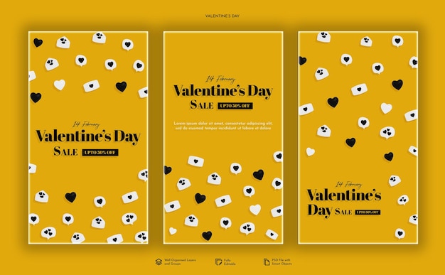 Plantilla de historia del día de san valentín con lindos corazones, sobres e íconos de amor