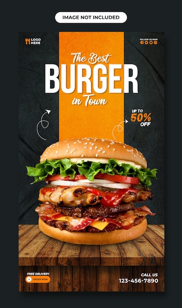 PSD plantilla de historia de instagram de comida rápida de deliciosa hamburguesa y diseño de volante de redes sociales