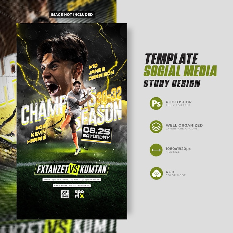 PSD plantilla de historia de instagram de las redes sociales del día del partido del jugador de fútbol