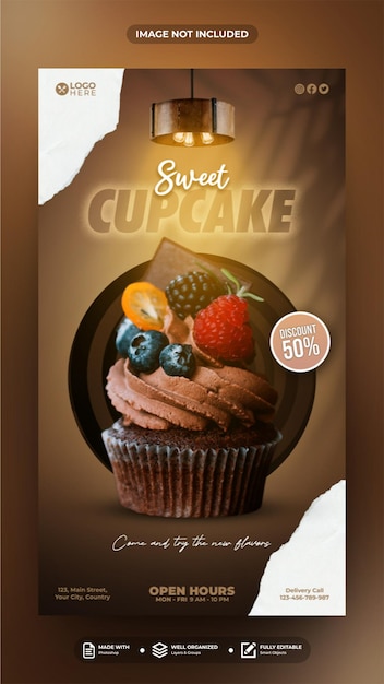PSD plantilla de historia de publicación de redes sociales de cupcake dulce