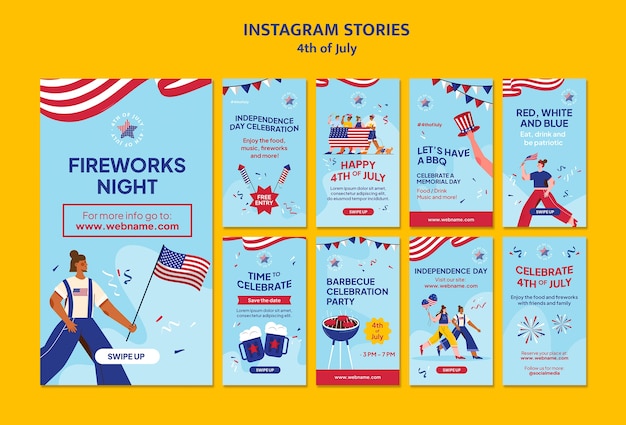 Plantilla de historias de instagram del 4 de julio de diseño plano