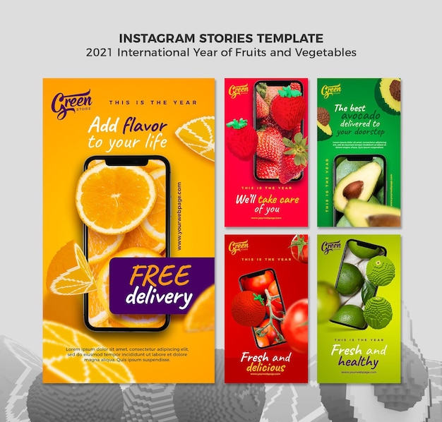 PSD plantilla de historias de instagram del año de frutas y verduras