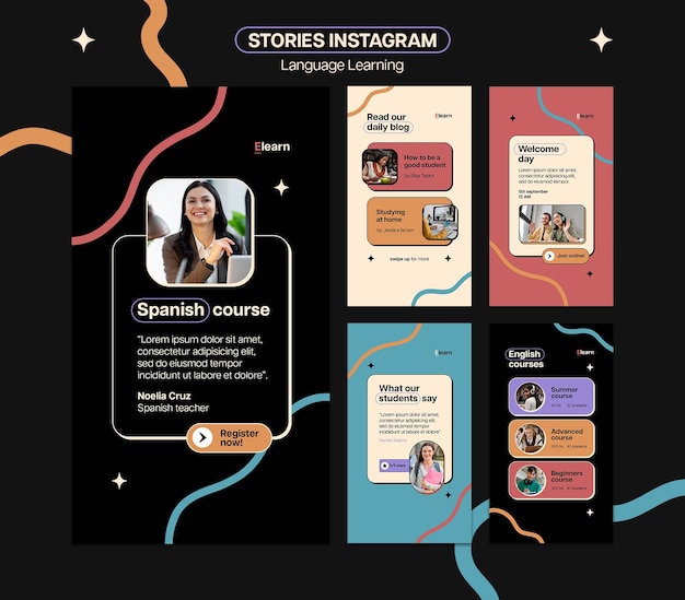 Plantilla de historias de instagram de aprendizaje de idiomas de diseño plano