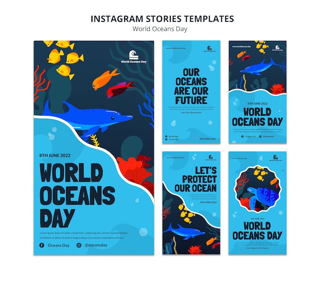PSD plantilla de historias de instagram del día mundial de los océanos de diseño plano