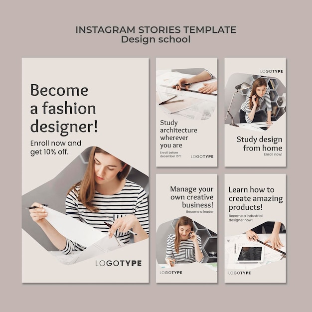 Plantilla de historias de instagram de escuela de diseño de moda