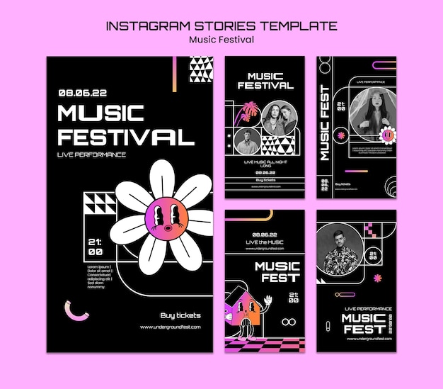 Plantilla de historias de instagram de festival de música de diseño plano