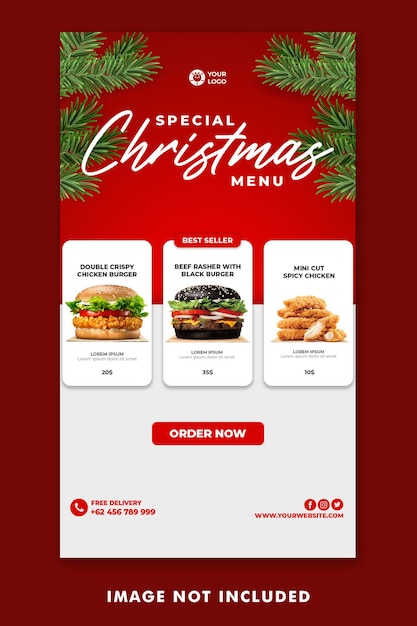 Plantilla de historias de instagram de publicación de redes sociales para menú de comida de hamburguesas navideñas